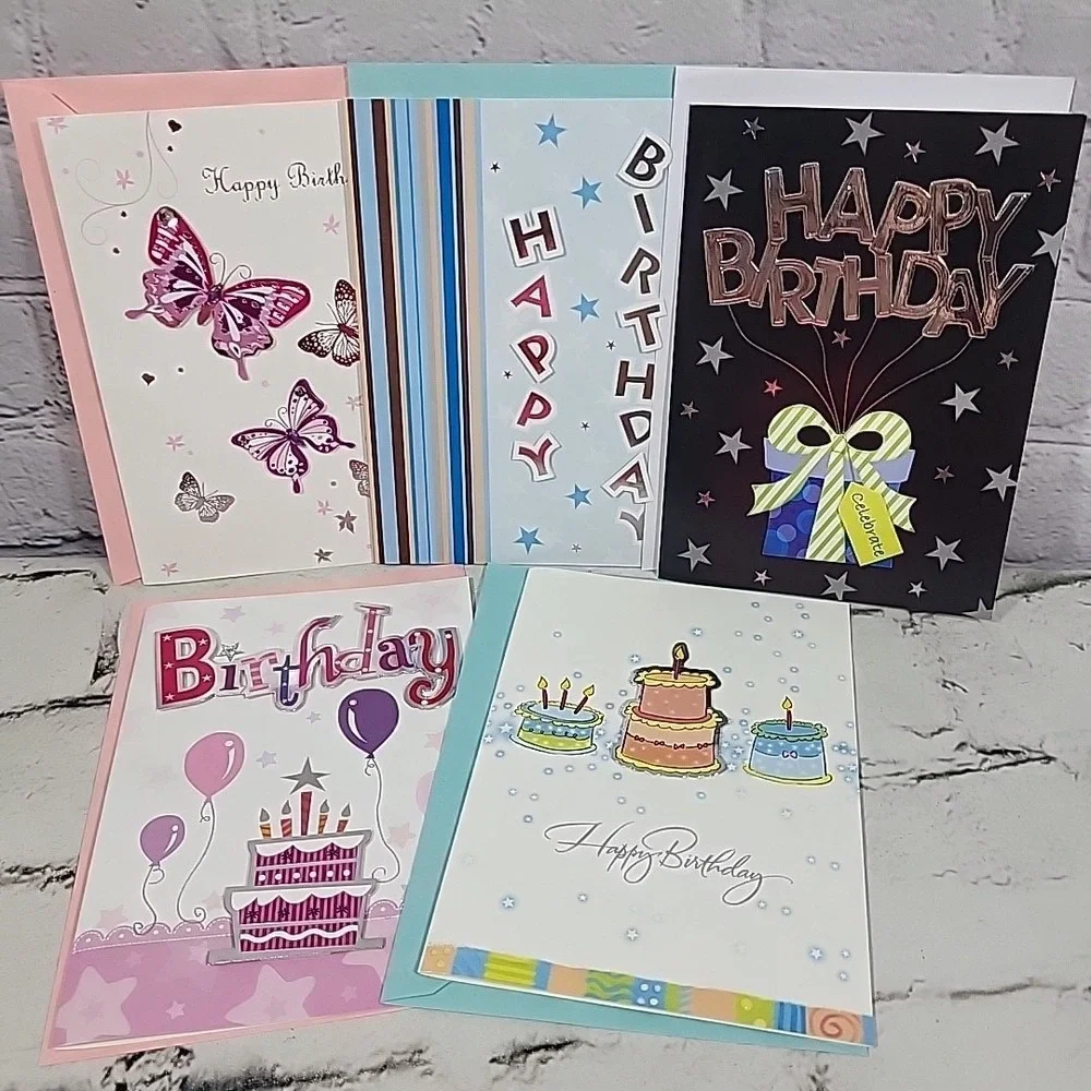 New Greeting Cards Lot Of 5 Happy Birthday‎ 3D Clip-Art Matching Envelopes